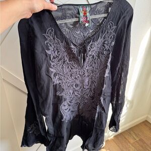 Johnny Was Black Long-Sleeve Tunic with Gray Embroidery
